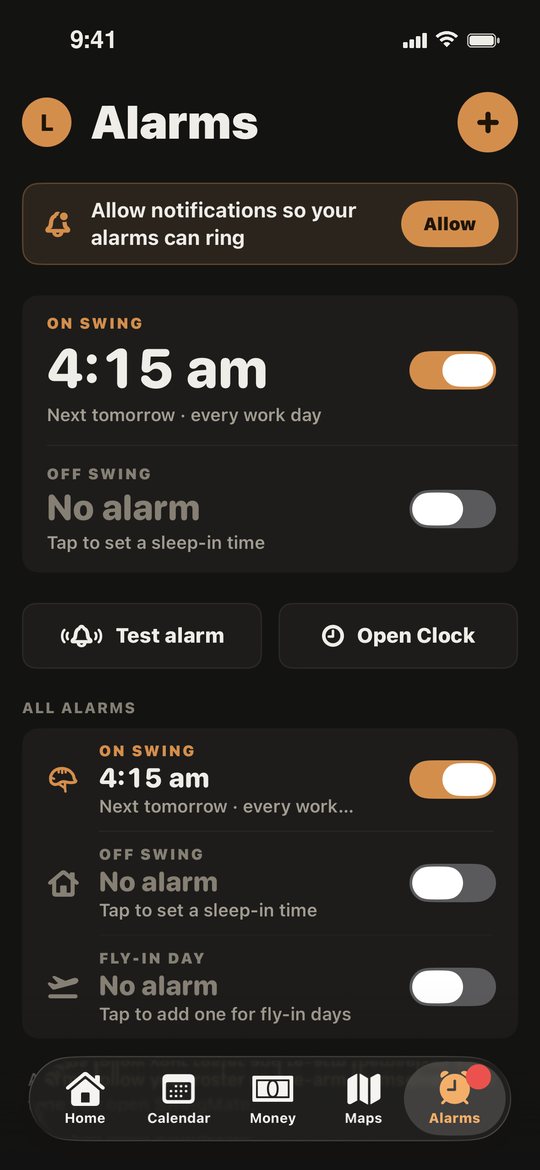 Alarms screen with separate on-swing, off-swing and fly-in day alarms
